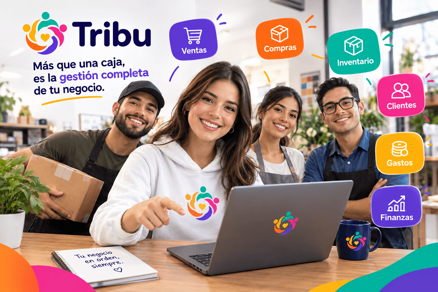 Equipo de una PyME guatemalteca usando Tribu ERP en una laptop para gestionar ventas, compras, inventario, clientes, gastos y finanzas
