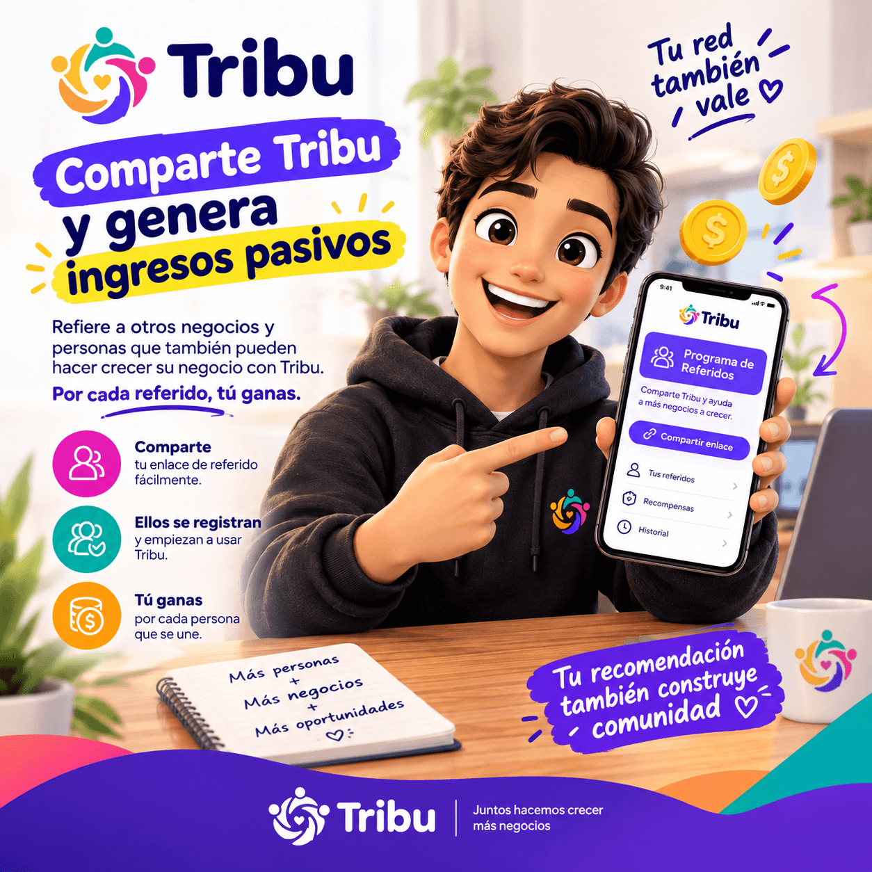 Comparte Tribu y genera ingresos: refiere negocios, ellos se registran y tú ganas por cada referido