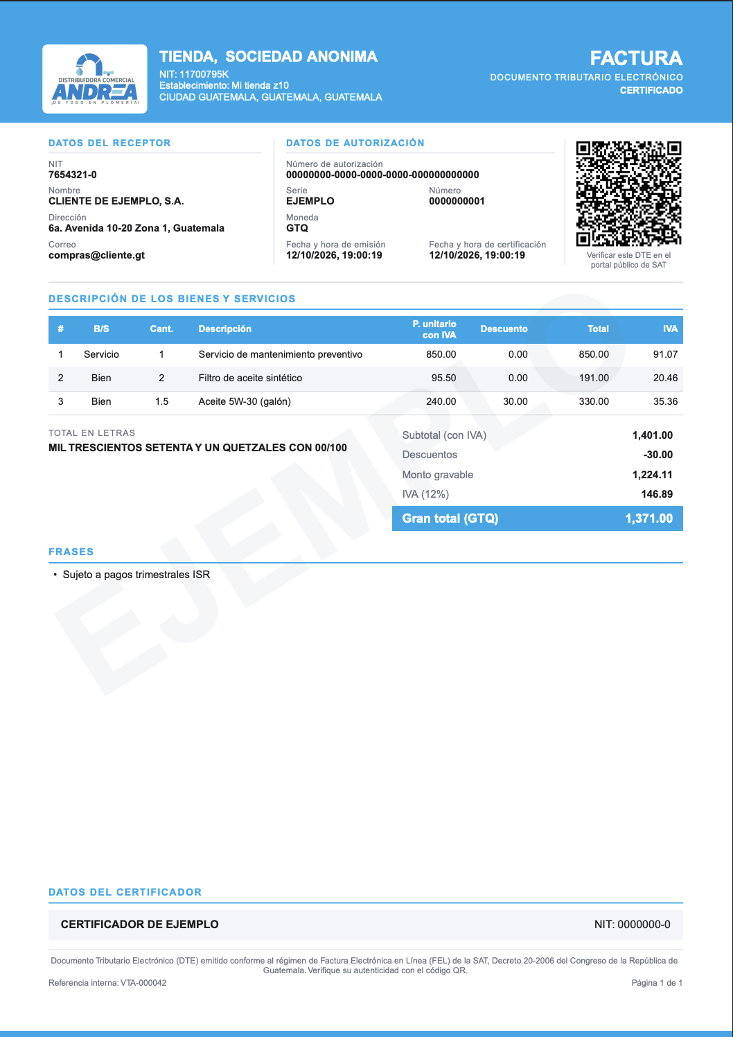 Factura electrónica FEL certificada, emitida desde Tribu, con datos del receptor, número de autorización, detalle de productos, IVA y código QR de verificación de la SAT