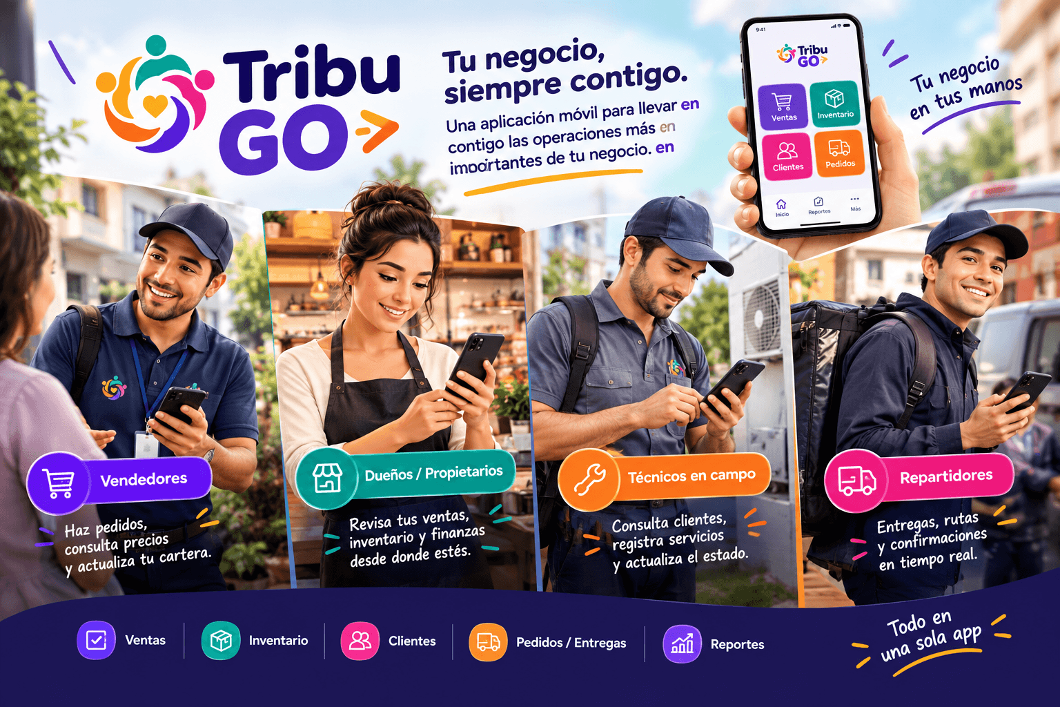 Vendedor, dueña de negocio, técnico en campo y repartidor usando la app Tribu GO en el celular para ventas, inventario, clientes, pedidos, entregas y reportes