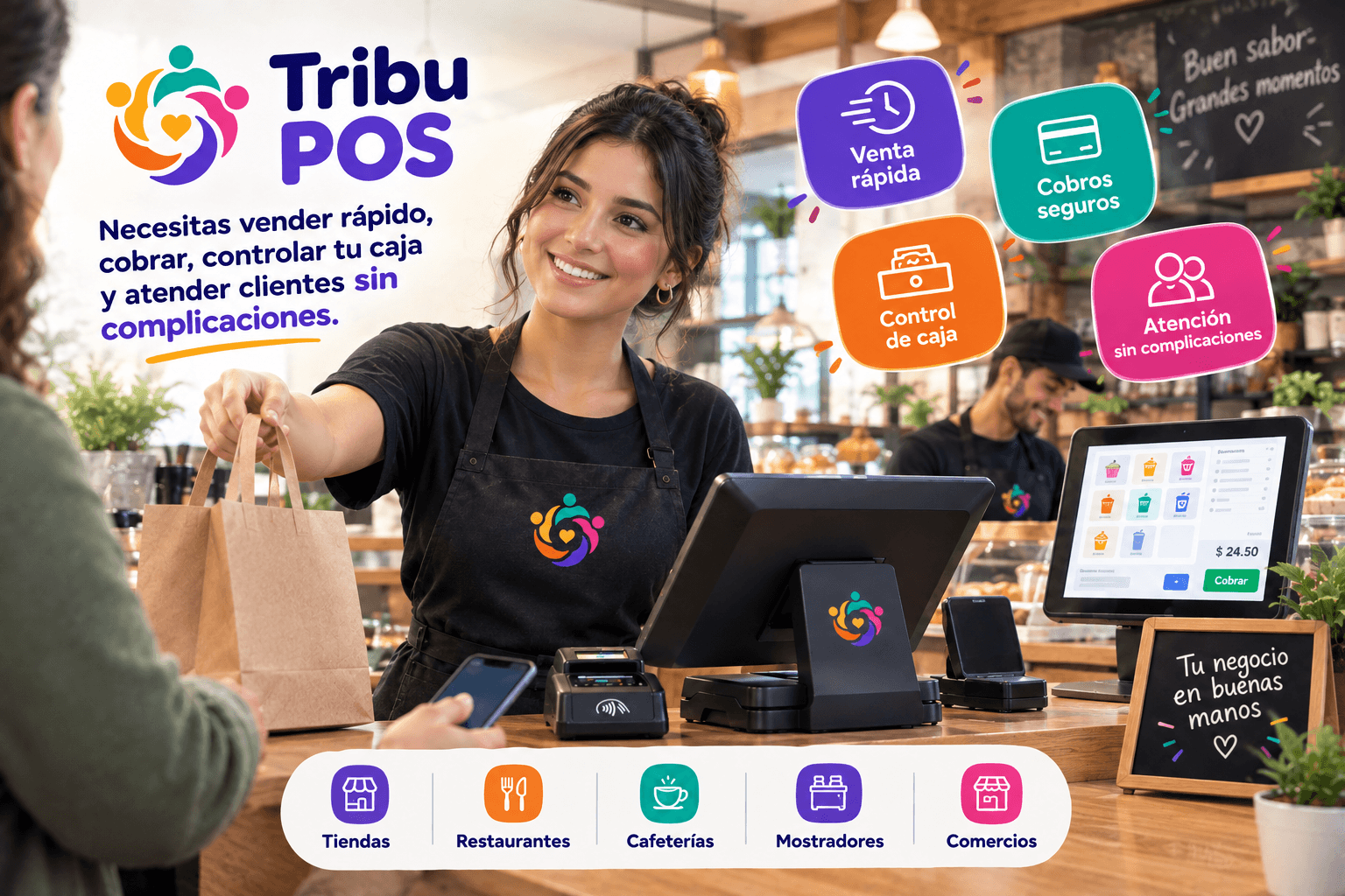 Cajera cobrando con Tribu POS en el mostrador de una cafetería: venta rápida, cobros seguros, control de caja y atención al cliente para tiendas, restaurantes, cafeterías y comercios